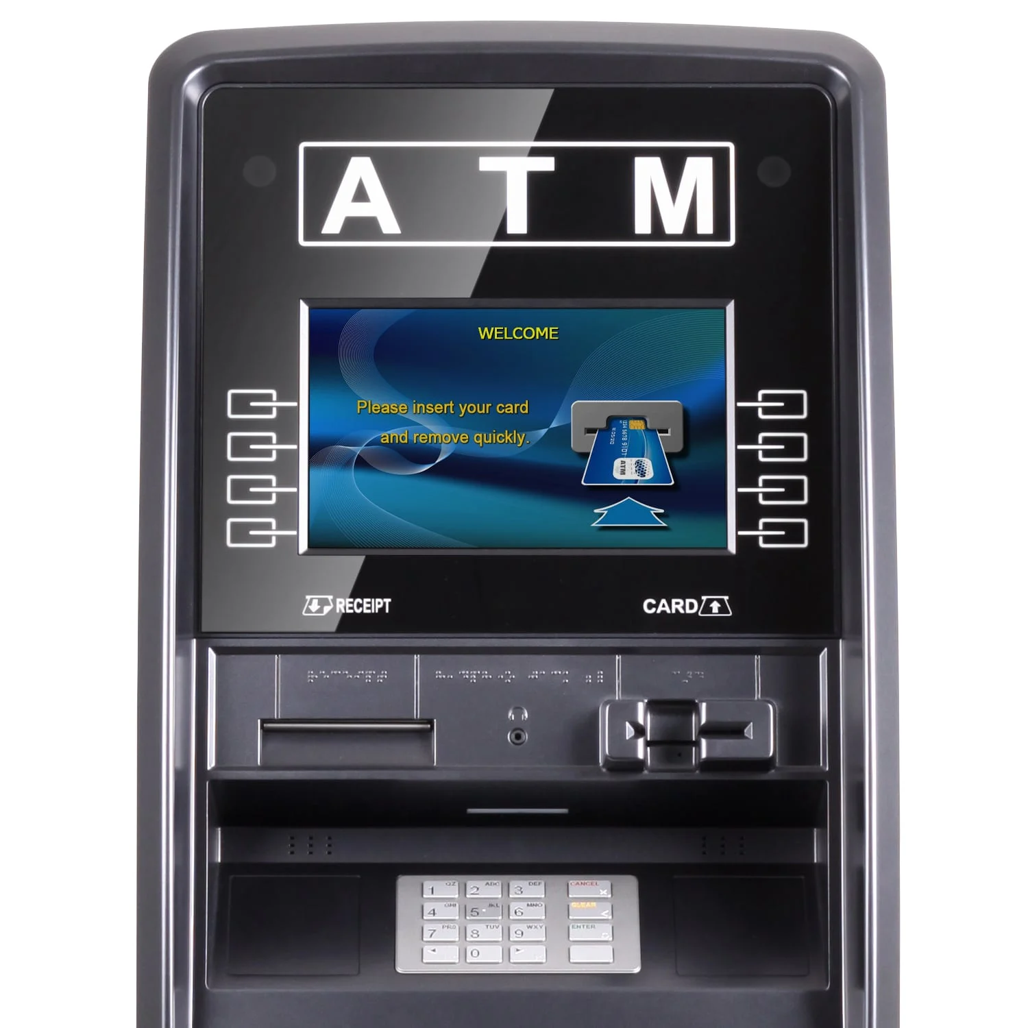 Close-up of a Genmega Onyx ATM, including its display, receipt slot, card reader and keypad